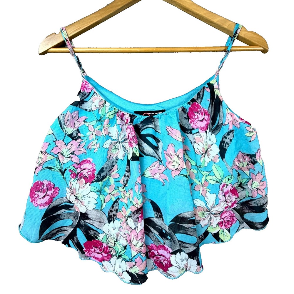 Tally Weijl Tank Top Womens 36 Blue Pink Floral Layered Cropped‎ Beachy Festival